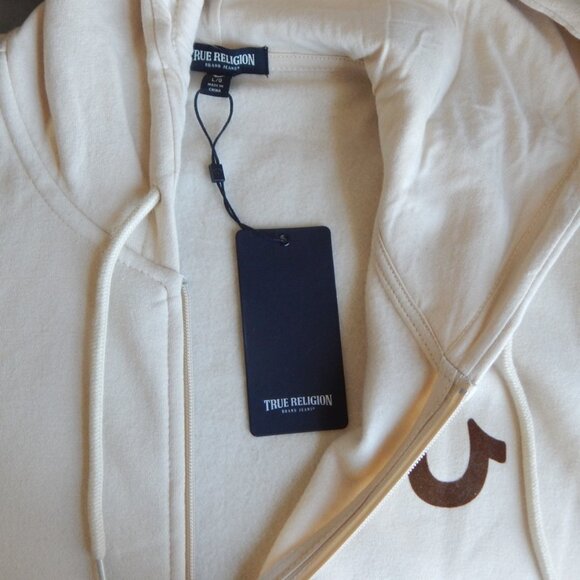 True Religion Men’s Solid SRS Full Zip Fleece Hoodie Jacket Light Beige LRG NWT - Picture 9 of 9